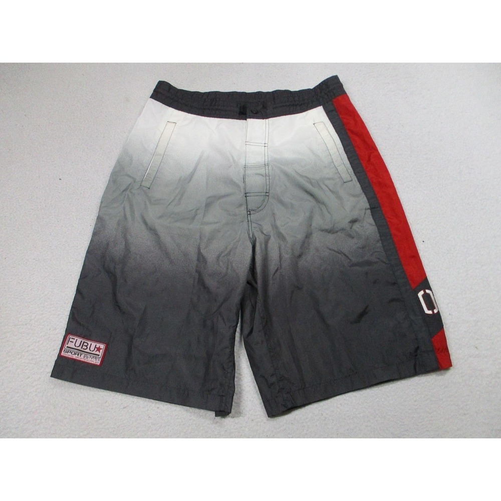 Vintage FUBU Sport Shorts Mens W34 Gray Red Gradient Board Swim Trunks 90s